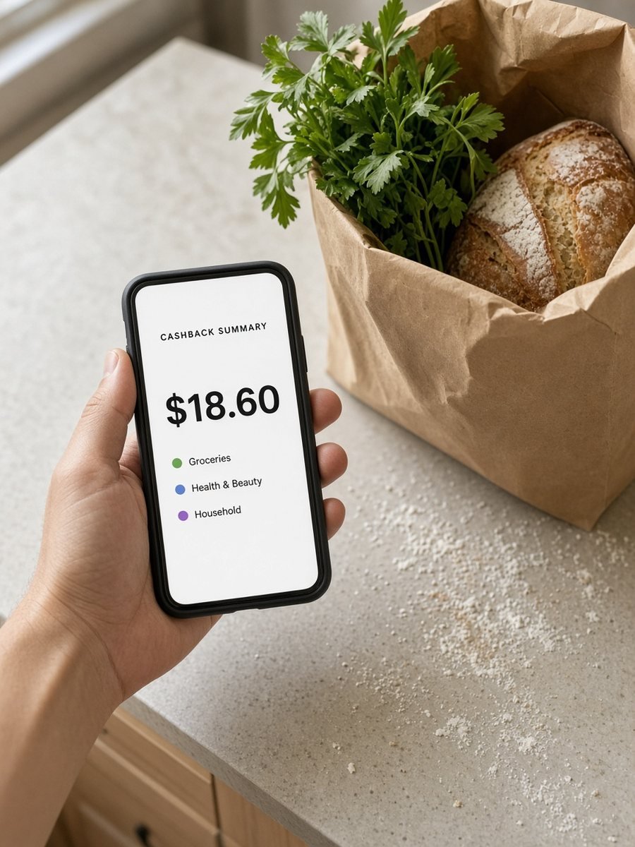Close-up of a phone showing a cashback summary, held next to a supermarket shopping bag on a kitchen bench
